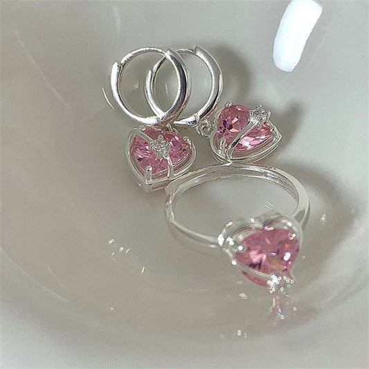 Ensemble Élégant de Boucles d'Oreilles et Bague en Cœur de Cristal Rose en Argent Sterling