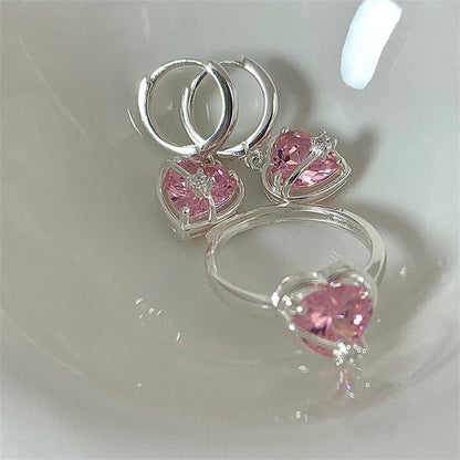 Éblouissants Bijoux en Argent Sterling : Boucles d'Oreilles et Bague en Cœur de Cristal Rose