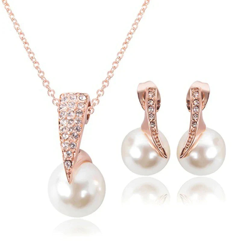 Élégant Ensemble Collier et Boucles d'Oreilles avec Perles en Or Rose