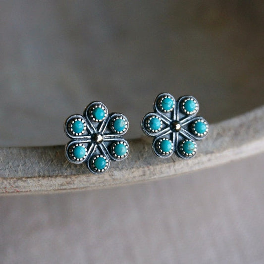 Élégantes Boucles d'Oreilles Vintage en Forme de Fleur Turquoise