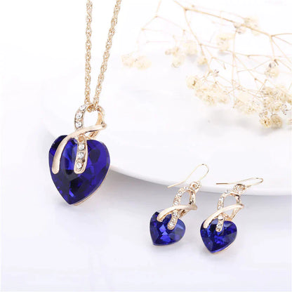 Élégant Ensemble de Collier et Boucles d'Oreilles Amour en Or 18K avec Zircon Bleu Étincelant