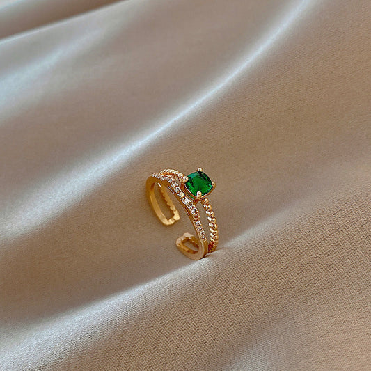 Éblouissante Bague Ajustable en Cristal Vert et Zirconia d'Or