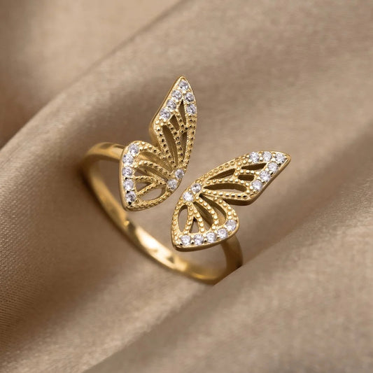 Bague Ajustable Papillon en Or Éblouissant avec Zircons Étincelants