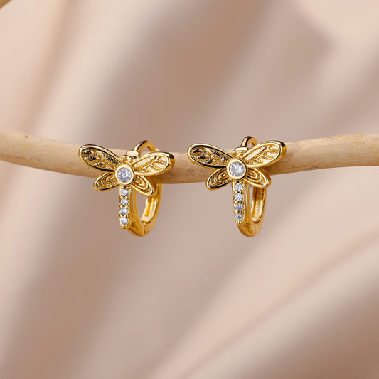 Boucles d'oreilles Libellule Épurées en Or avec Éclat de Zirconia