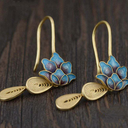 Éblouissantes Boucles d'Oreilles Boho en Or avec Motif Lotus Bleu
