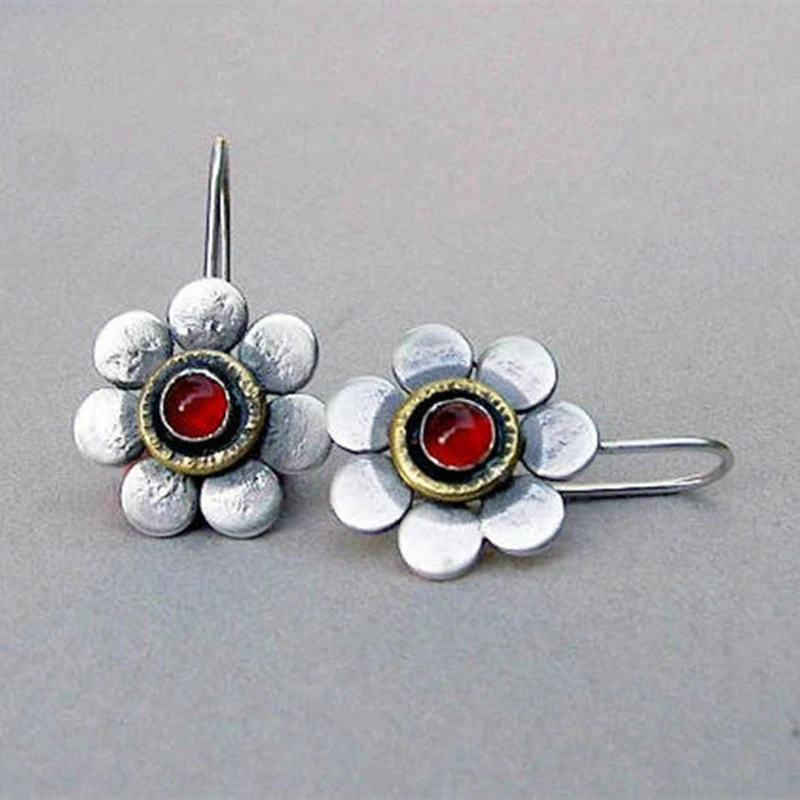 Boucles d'oreilles vintage en verre rouge motif marguerite