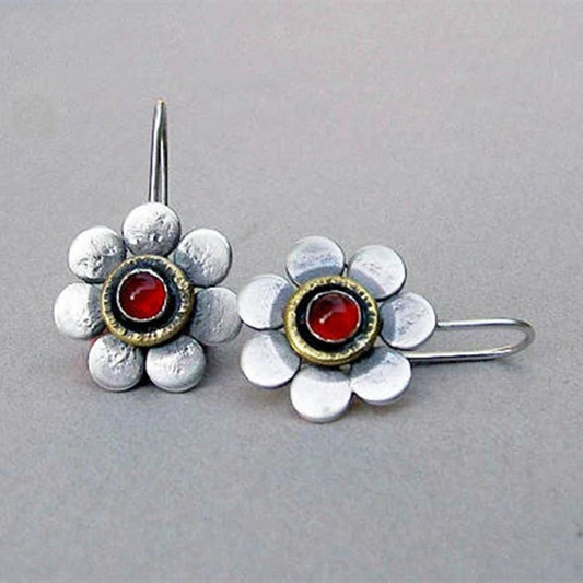 Boucles d'oreilles vintage en verre rouge motif marguerite