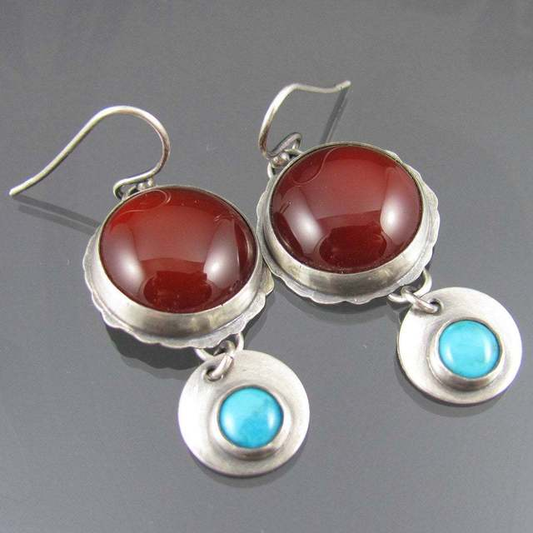 Boucles d'oreilles Vintage Élégantes en Argent au Design Rouge et Bleu