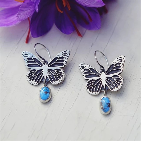 Éblouissantes Boucles d'Oreilles Vintage Papillon en Argent avec Pierre Bleue Précieuse