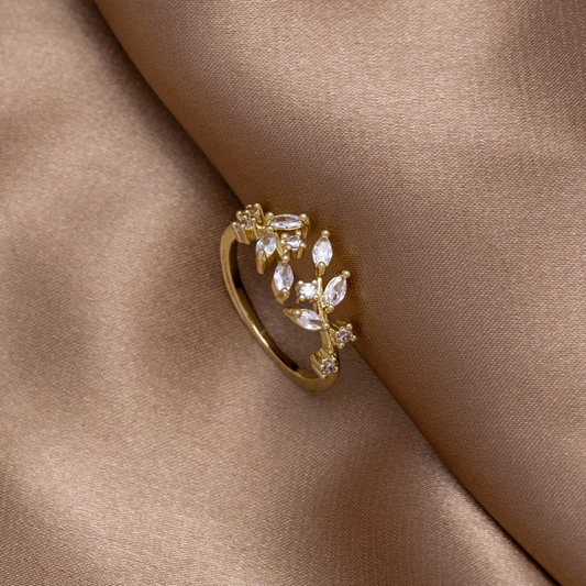 Sublime Bague Feuilles en Zirconium Doré