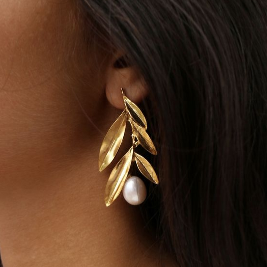 Éblouissantes Boucles d'Oreilles Vintage en Perles avec Feuilles d'Or