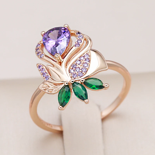 Bague Élégante Rose Violette en Or avec Zircon Brillant
