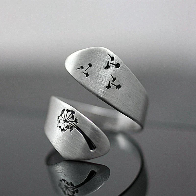 Unique Bague Réglable en Pissenlit Artisanale et Sculptée à la Main