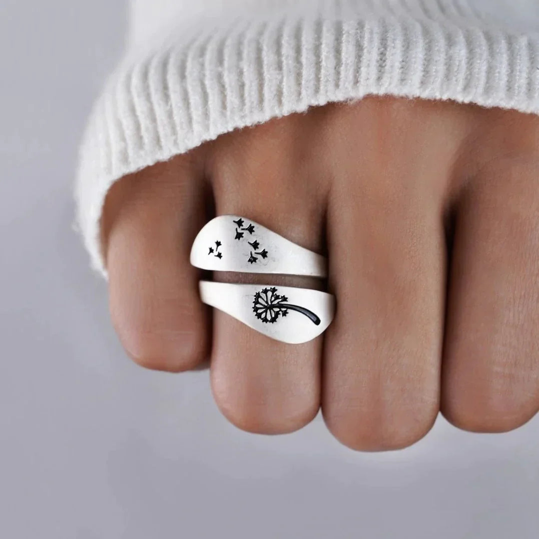 Unique Bague Réglable en Pissenlit Artisanale et Sculptée à la Main
