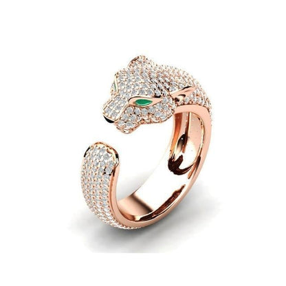 Bague Jaguar Ajustable en Argent et Or Rose 18 Carats avec Éclat de Zircon Vert pour un Look Audacieux